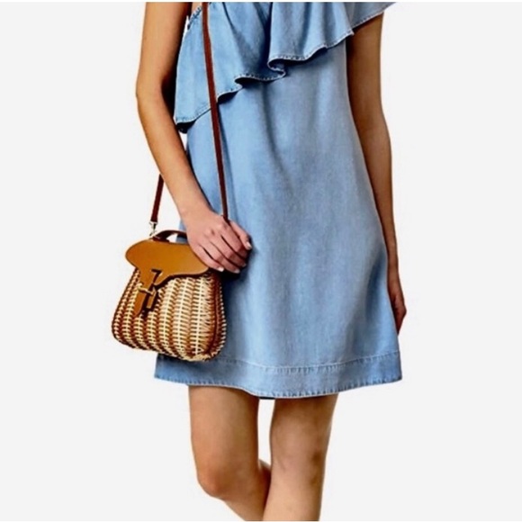 7 FOR ALL MAN KIND-One-Shoulder Ruffled Denim Dress, Indigo. Size XS. - Picture 2 of 6